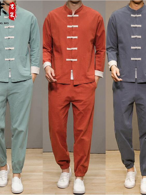 Health & Wellness Unlimited - 中国風の綿麻の唐服男性用伝統的なヘルスケアセンター禅瞑想長袖シャツとパンツセット